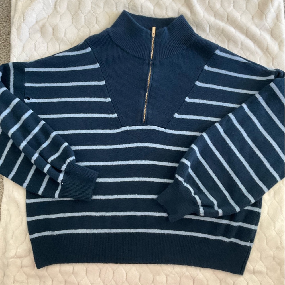 Draper James Navy Striped Half-Zip Pullover with Gold Zipper - Picture 3 of 8